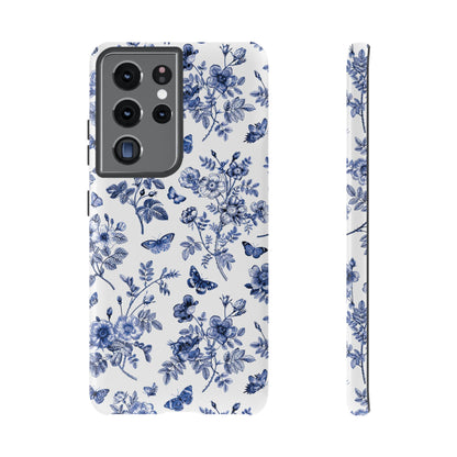 Estuche Galaxy con diseño floral azul y jardín de mariposas