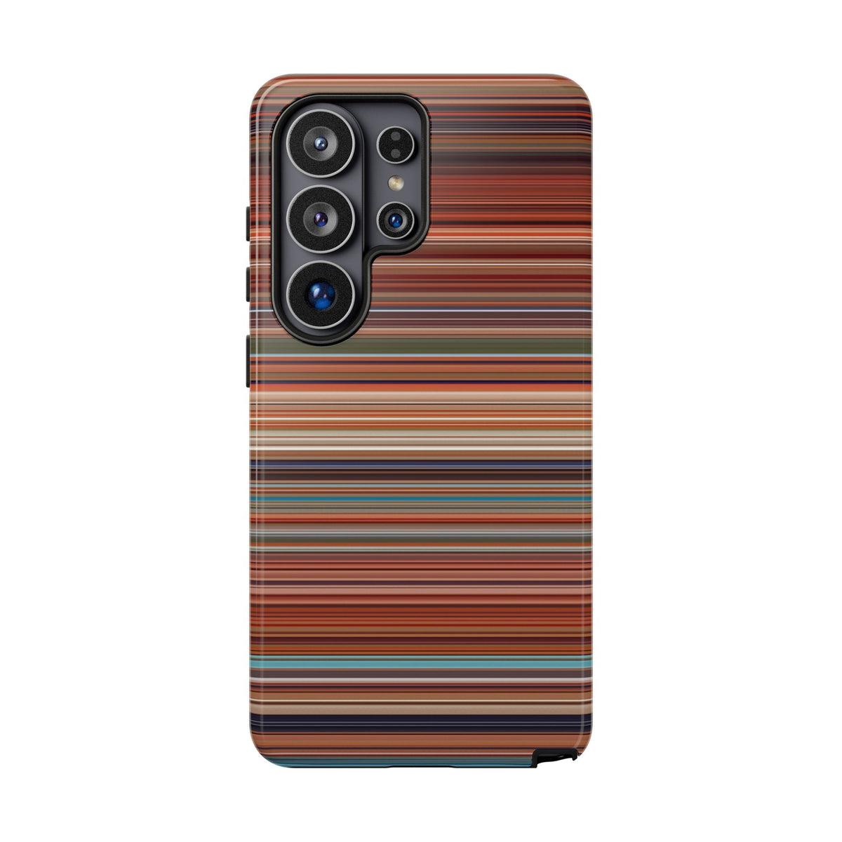 Vintage Find Samsung Galaxy phone case featuring retro stripes in warm rust, terracotta, chocolate brown, and muted teal with a vintage 70s-inspired aesthetic.