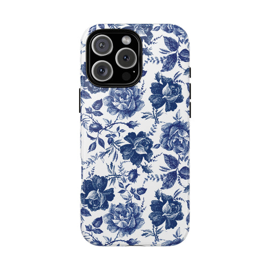 Funda retro floral para iPhone con diseño de rosa índigo