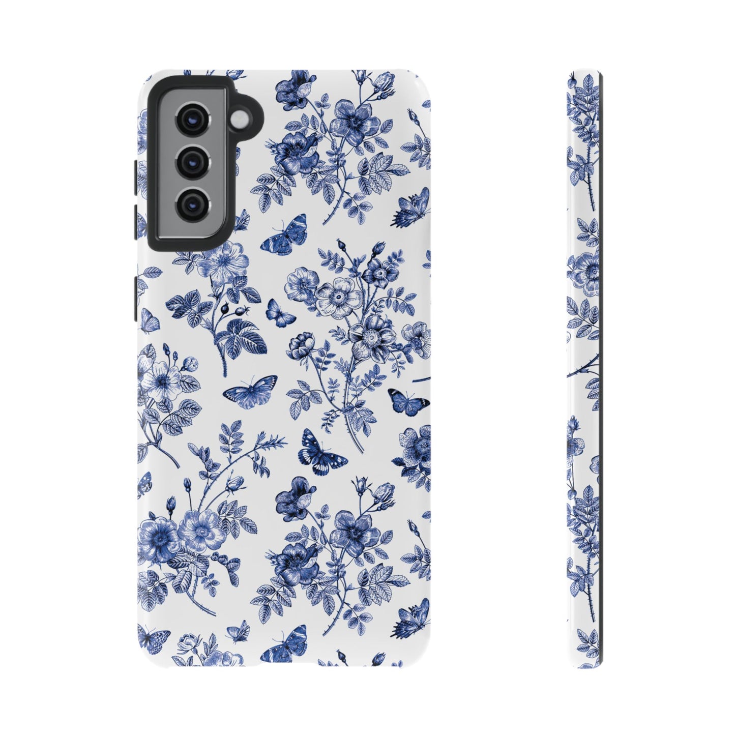 Estuche Galaxy con diseño floral azul y jardín de mariposas