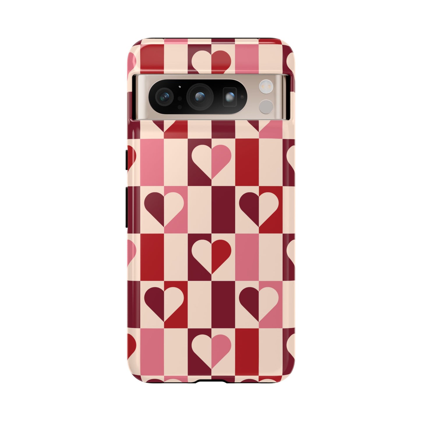 Estuche Pixel con Corazones Geométricos Dedicado