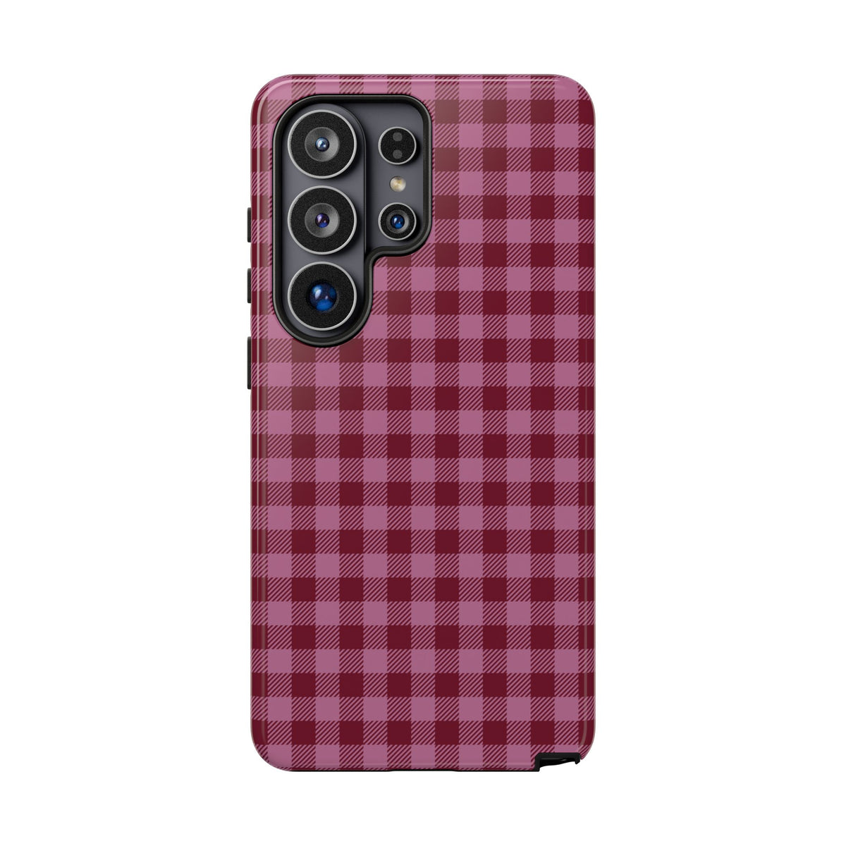 Pink Privilege Samsung Galaxy phone case featuring a classic gingham plaid check pattern in dusty rose pink and deep burgundy with a preppy retro aesthetic.