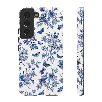 Estuche Galaxy con diseño floral azul y jardín de mariposas