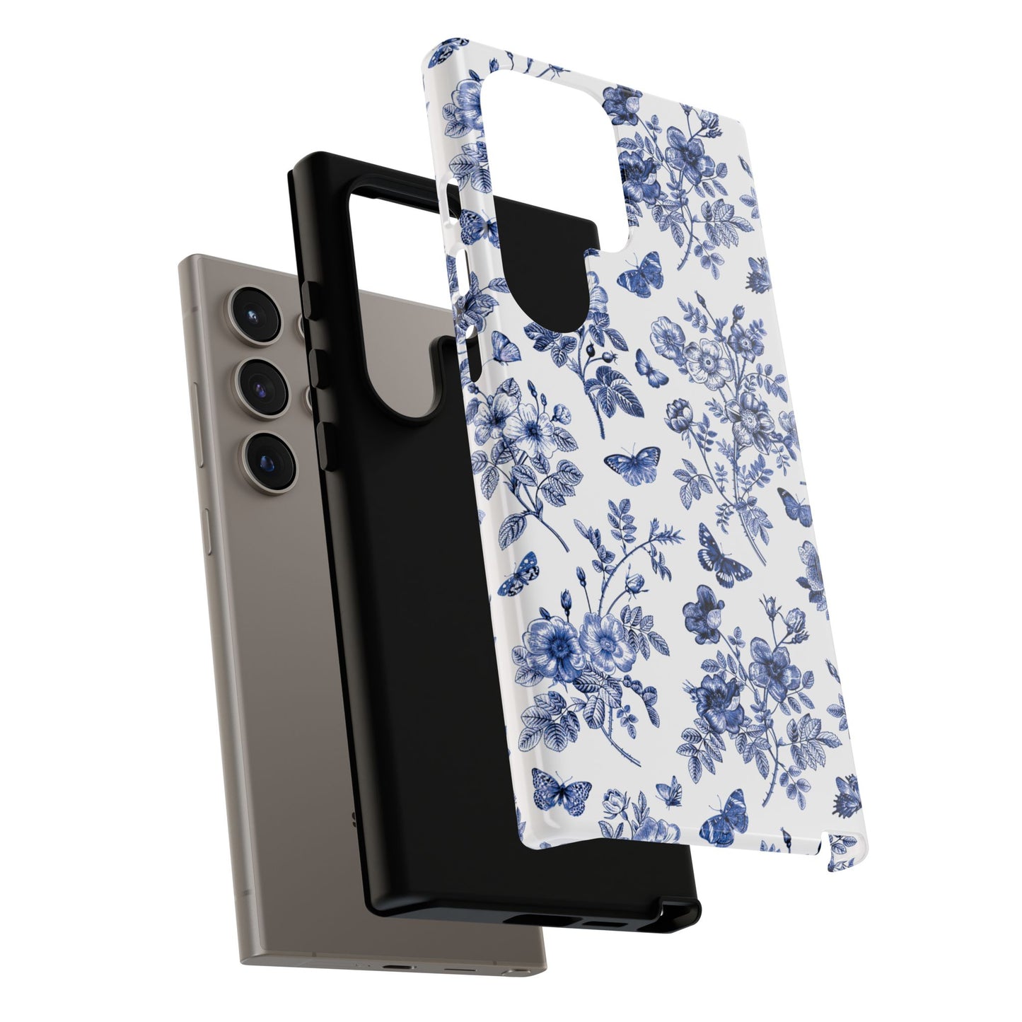 Estuche Galaxy con diseño floral azul y jardín de mariposas