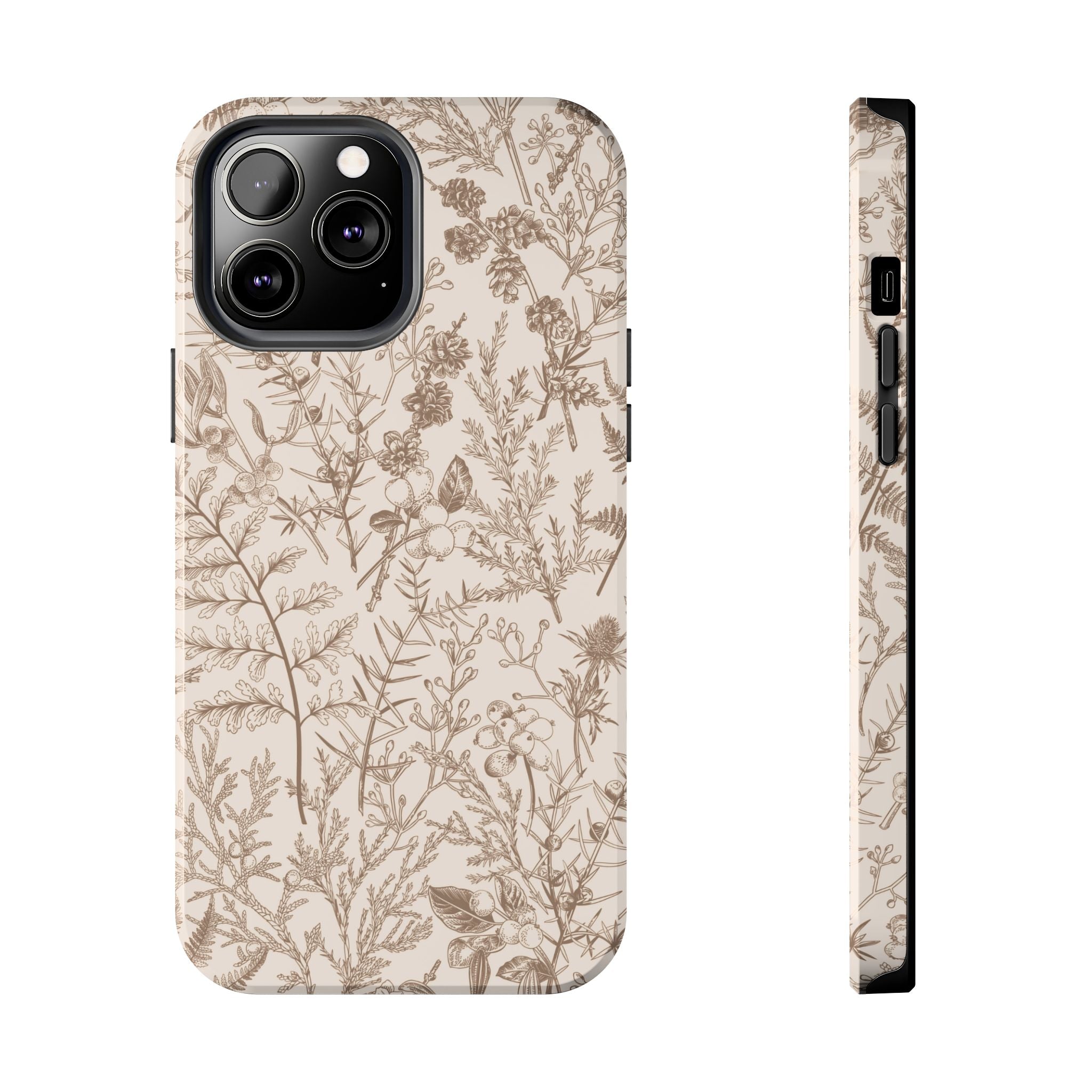 Funda para iPhone con diseño floral y botánico en color beige