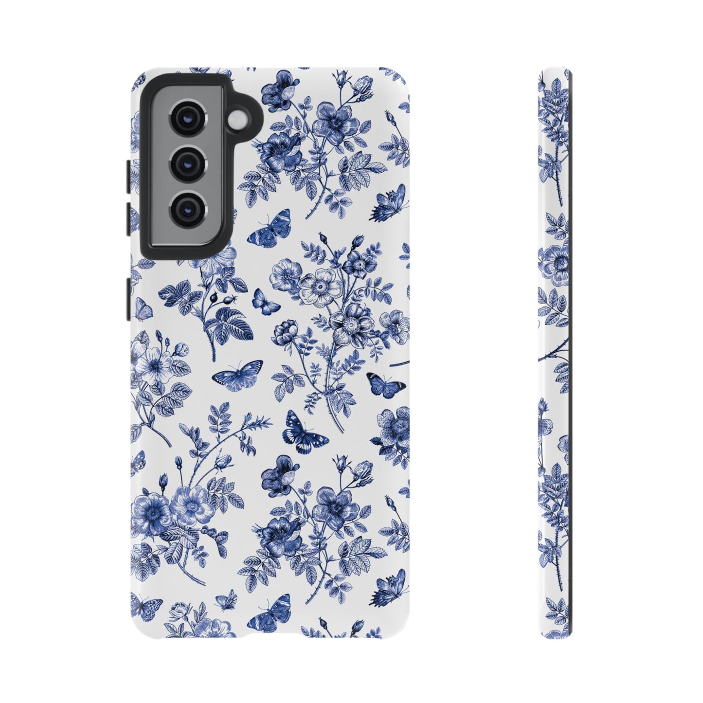 Estuche Galaxy con diseño floral azul y jardín de mariposas