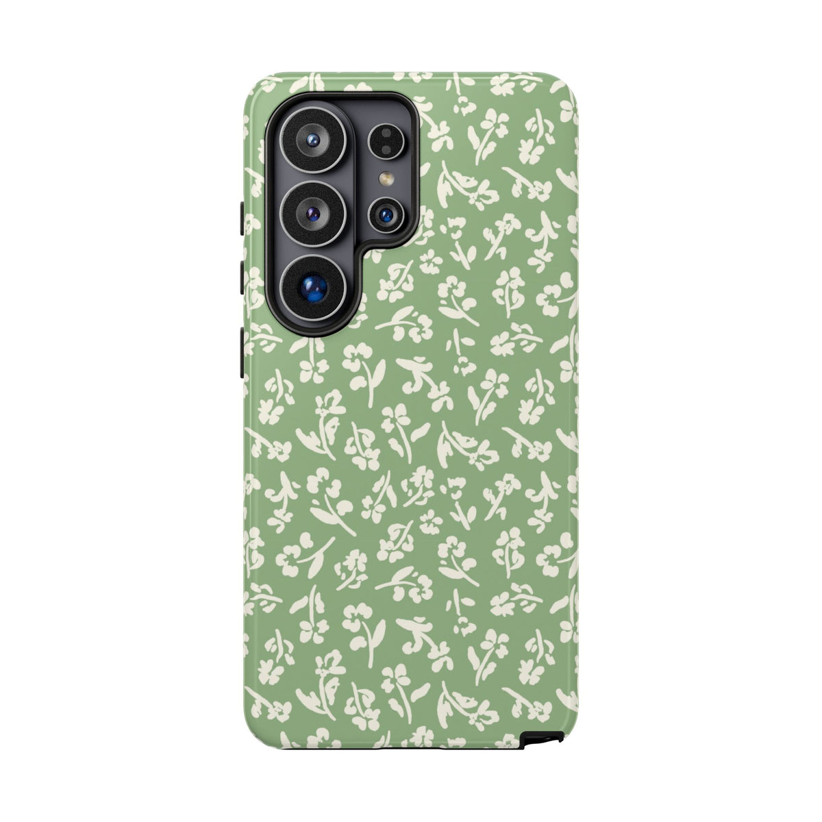 Little Things Samsung Galaxy phone case featuring tiny ivory wildflowers and delicate botanical sprigs scattered across a soft sage green background.