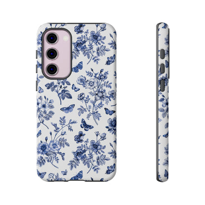 Estuche Galaxy con diseño floral azul y jardín de mariposas