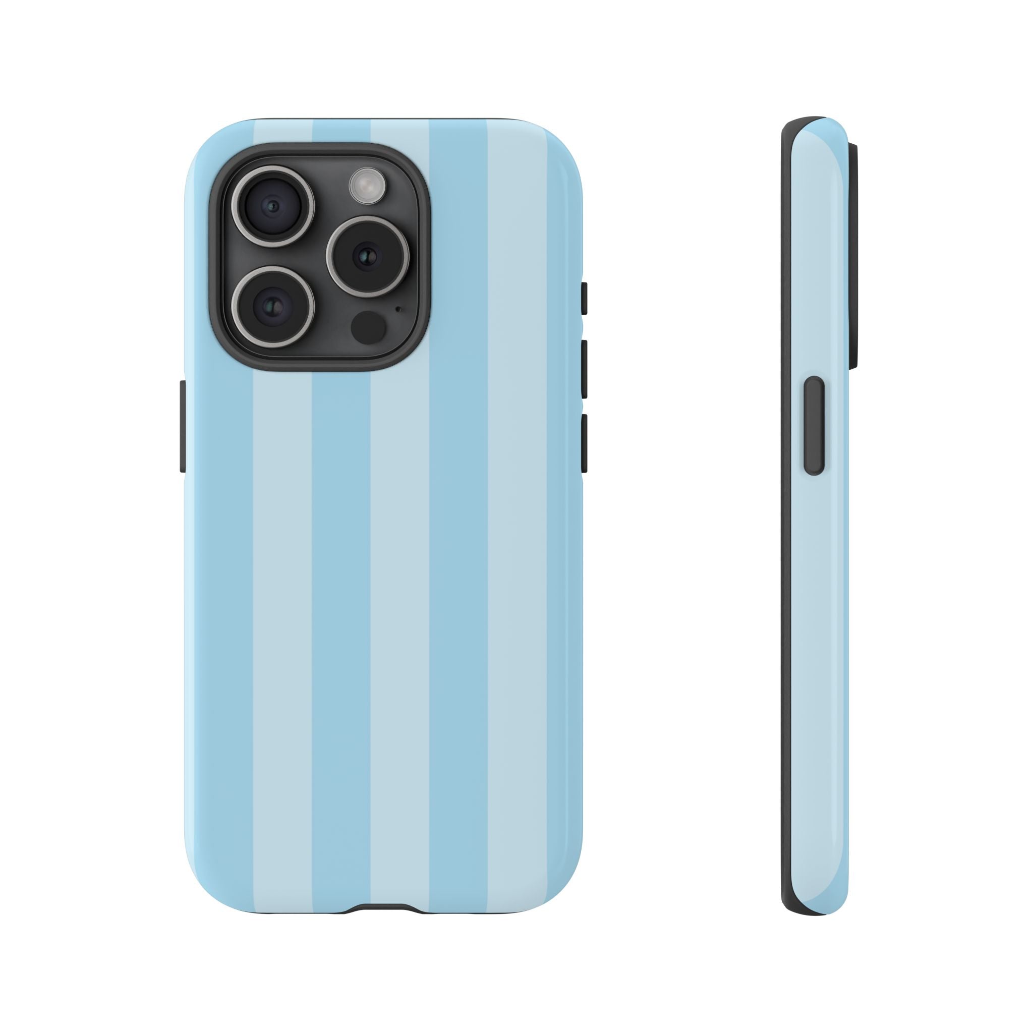Funda para iPhone con rayas azules junto a la piscina