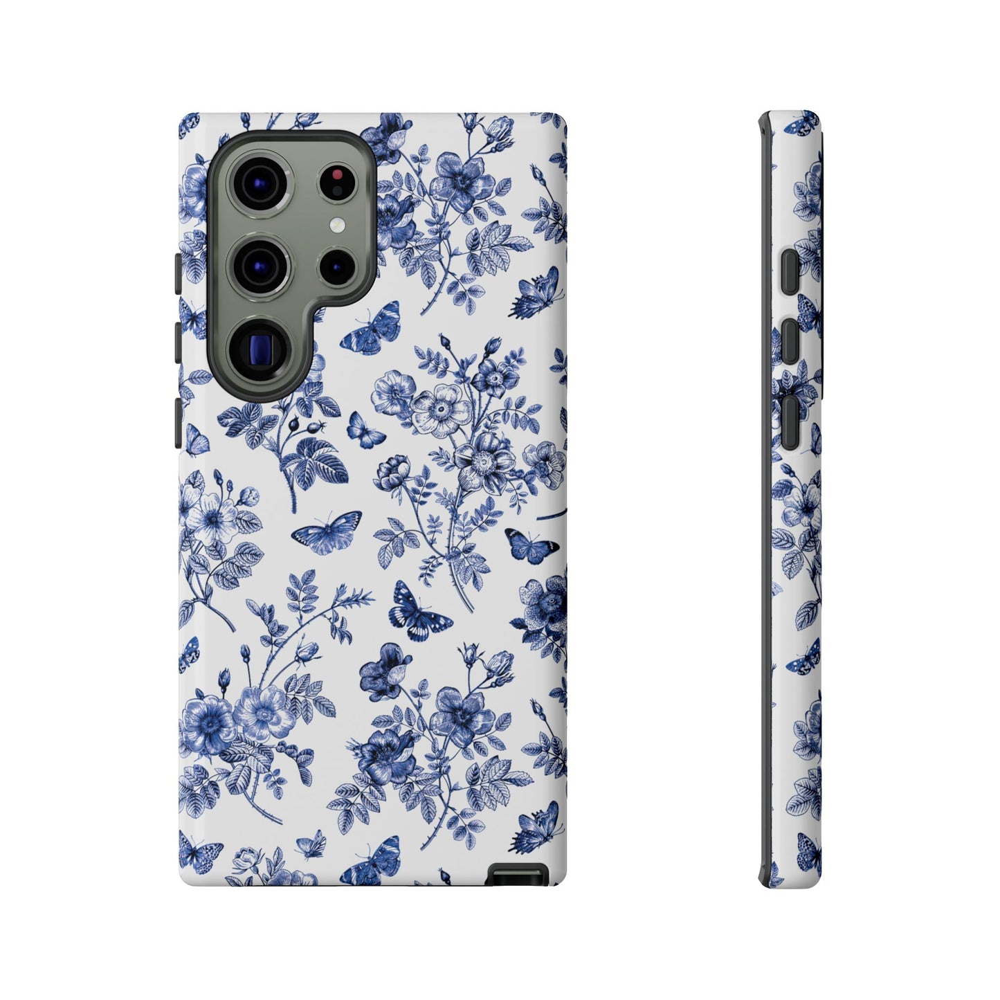 Estuche Galaxy con diseño floral azul y jardín de mariposas