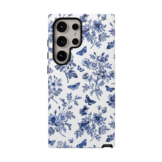 Estuche Galaxy con diseño floral azul y jardín de mariposas