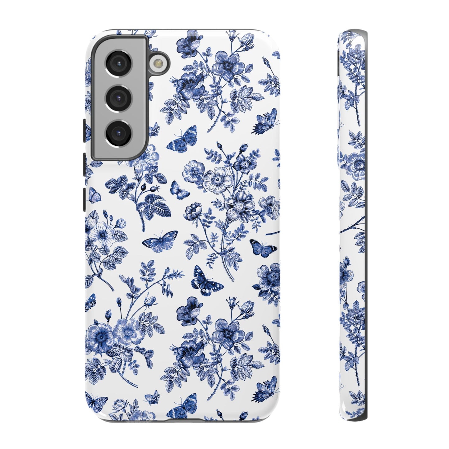 Estuche Galaxy con diseño floral azul y jardín de mariposas