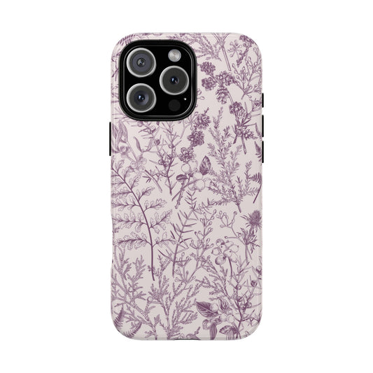 Funda para iPhone con diseño floral morado y diseño botánico de ciruela