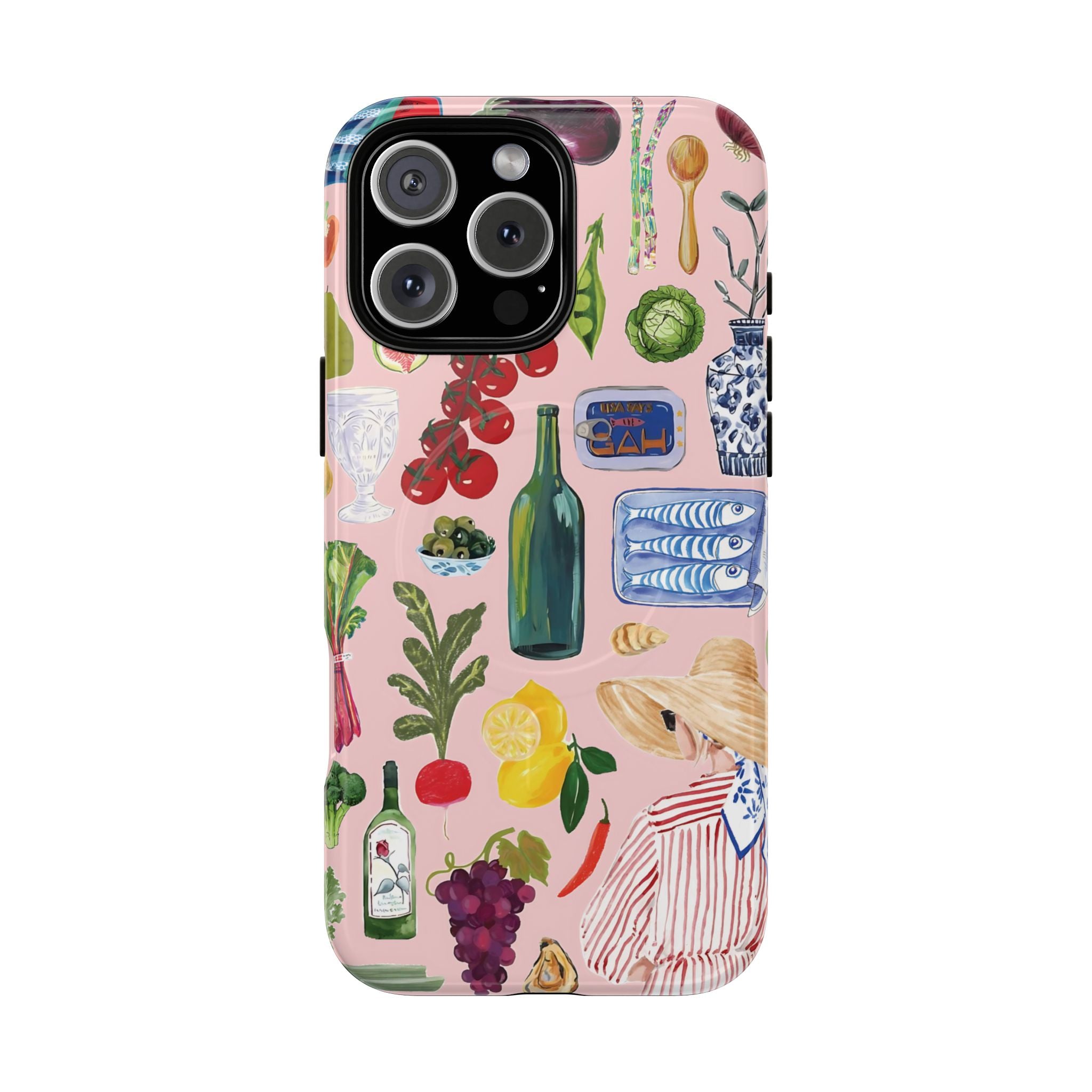 A colorful phone case with a collage of Italian-themed images including food, drinks, and travel-related items on a pink background.
