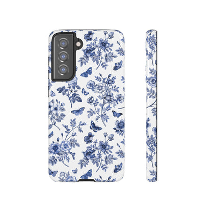 Estuche Galaxy con diseño floral azul y jardín de mariposas