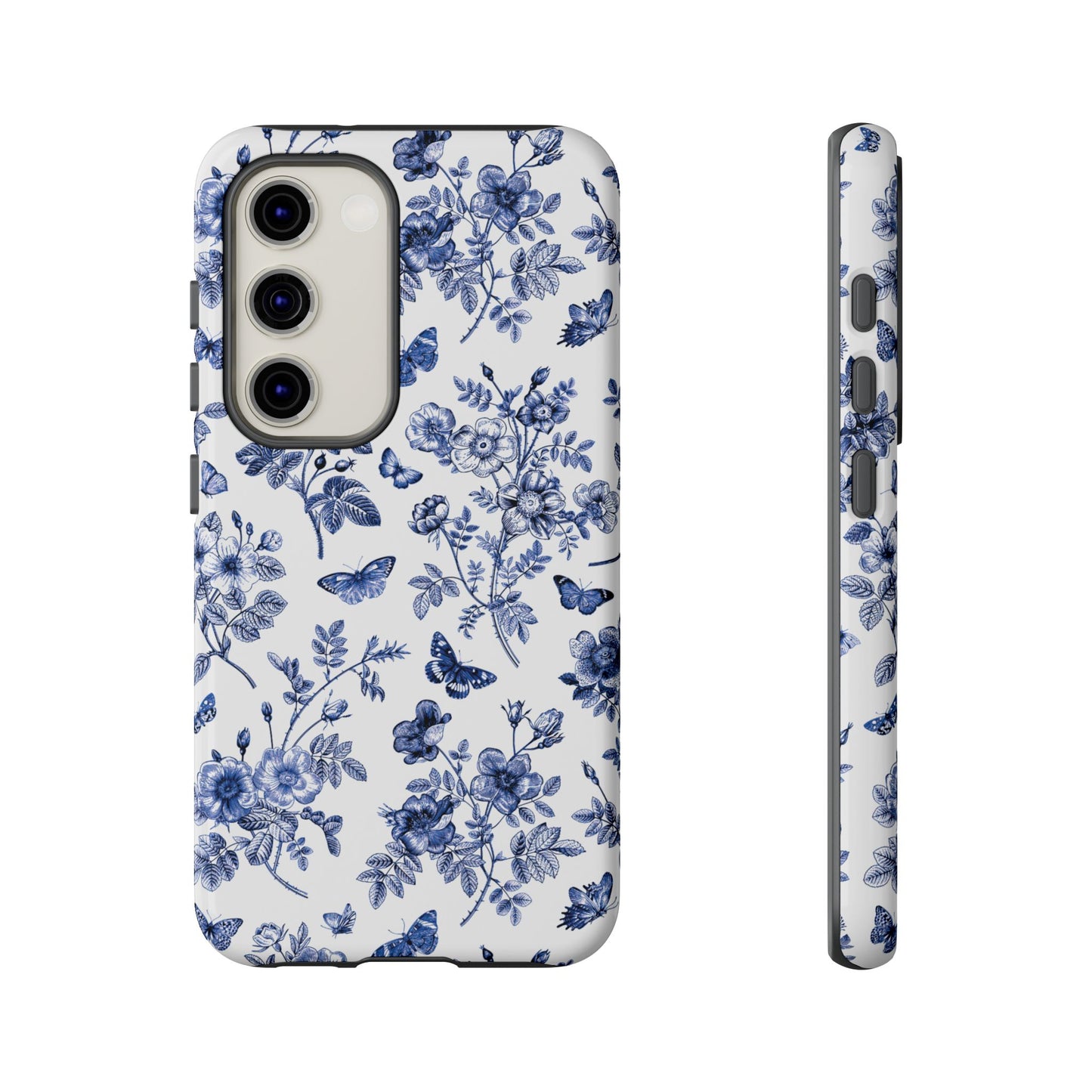 Estuche Galaxy con diseño floral azul y jardín de mariposas