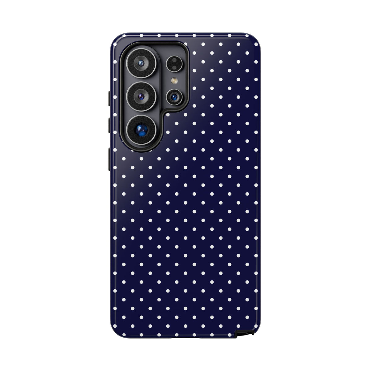 Dotty Chic Samsung Galaxy phone case featuring tiny white polka dots scattered across a deep navy blue background with a classic preppy aesthetic.
