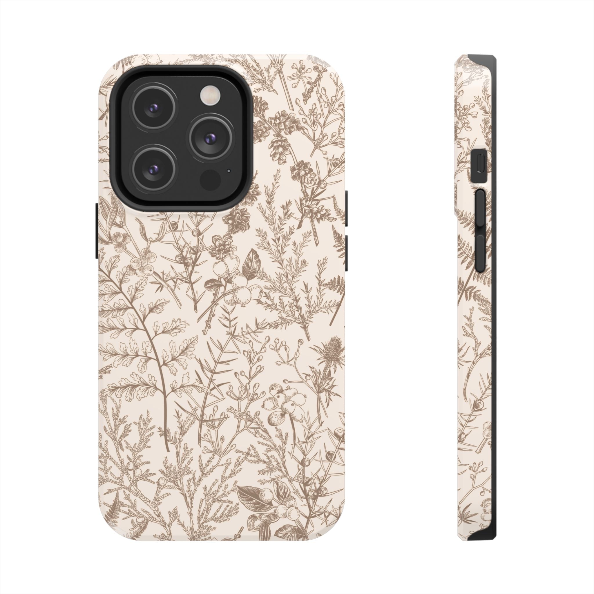 Funda para iPhone con diseño floral y botánico en color beige