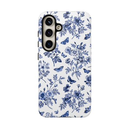 Estuche Galaxy con diseño floral azul y jardín de mariposas