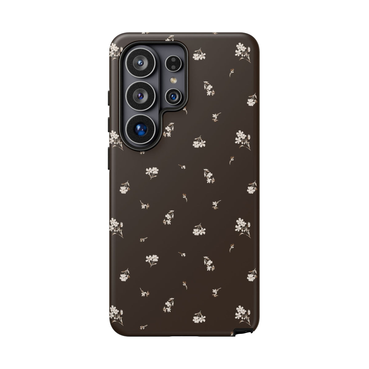 Sweet Nothings Samsung Galaxy phone case featuring delicate ivory wildflowers scattered across a rich chocolate-brown background with a vintage-inspired ditsy floral aesthetic.
