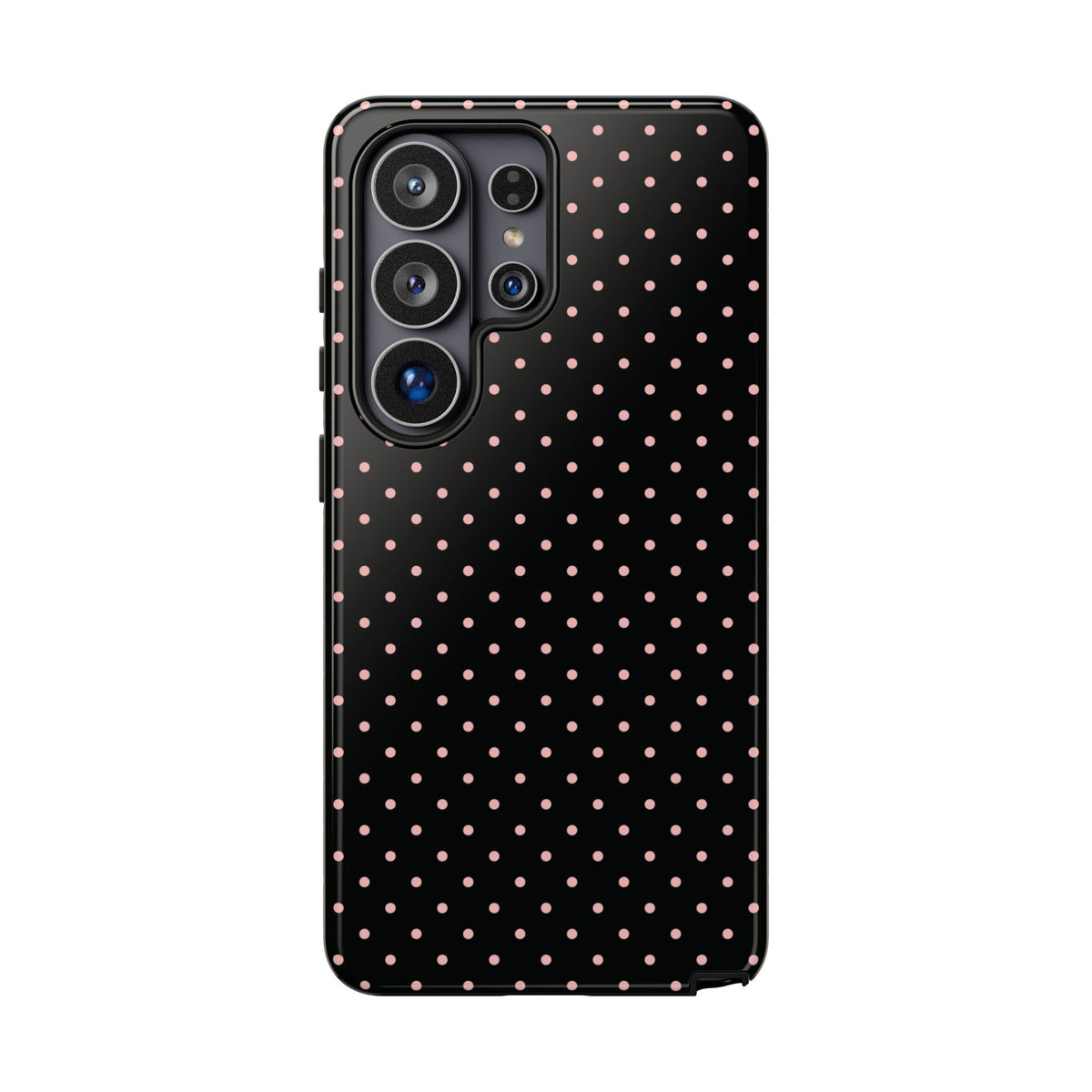 Polka Flirt Samsung Galaxy phone case featuring tiny blush pink polka dots scattered across a solid black background with a cute, retro preppy aesthetic.