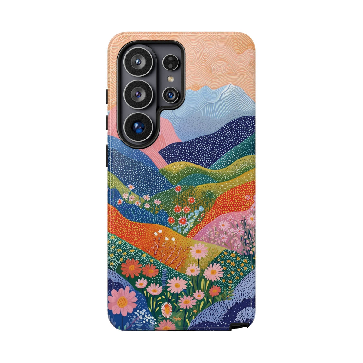 Blue Note Samsung Galaxy phone case featuring oversized navy blue abstract flowers, flowing botanical shapes, and warm caramel accents on a creamy ivory background.