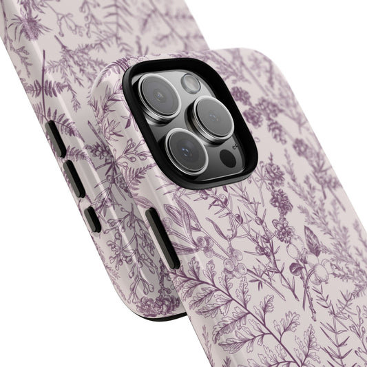 Funda para iPhone con diseño floral morado y diseño botánico de ciruela