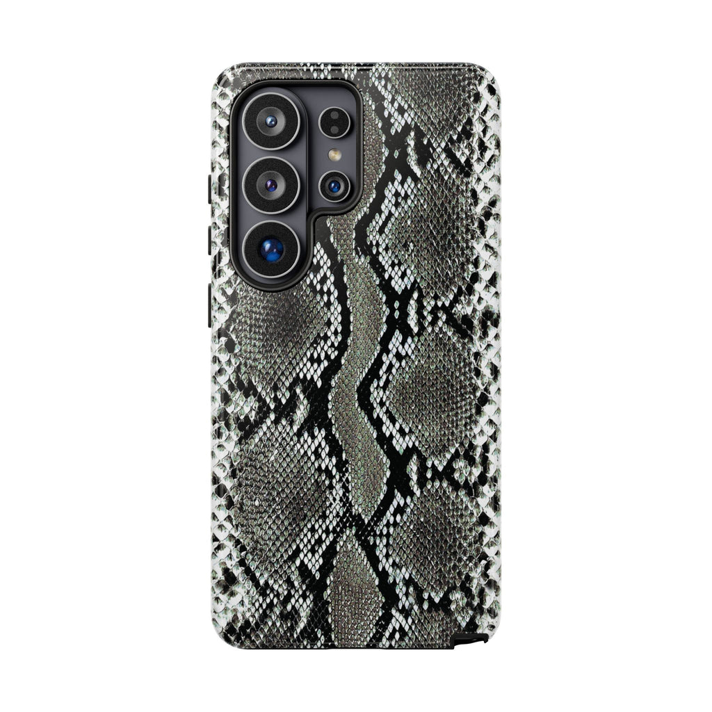 Cold Blooded Samsung Galaxy phone case featuring a realistic faux snakeskin print in black, charcoal grey, and ivory with detailed reptile-scale patterns.