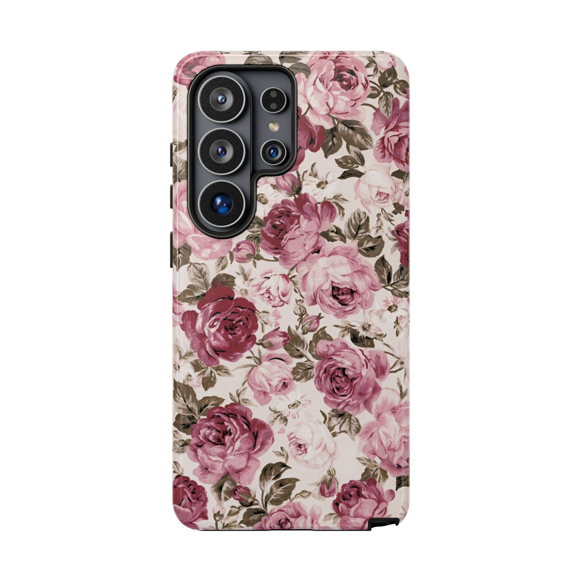 Love Story Samsung Galaxy phone case featuring vintage pink and dusty mauve roses with delicate olive-green leaves on a soft ivory background.