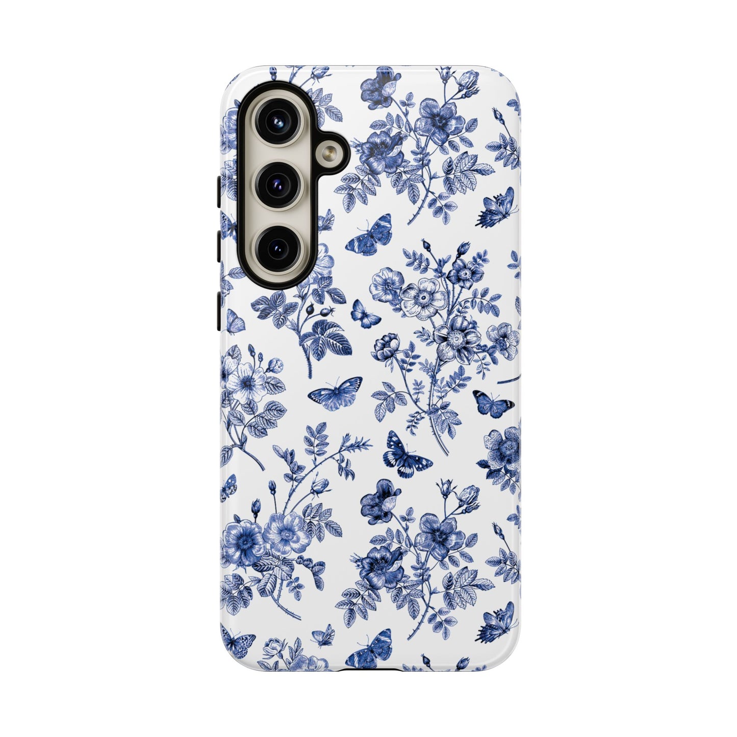 Estuche Galaxy con diseño floral azul y jardín de mariposas