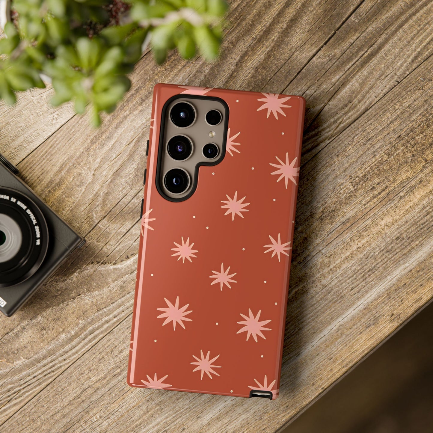 Funda retro Galaxy de color naranja con estrellas boho 