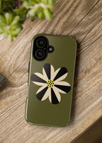 Phone case with a floral design on a wooden surface next to a camera