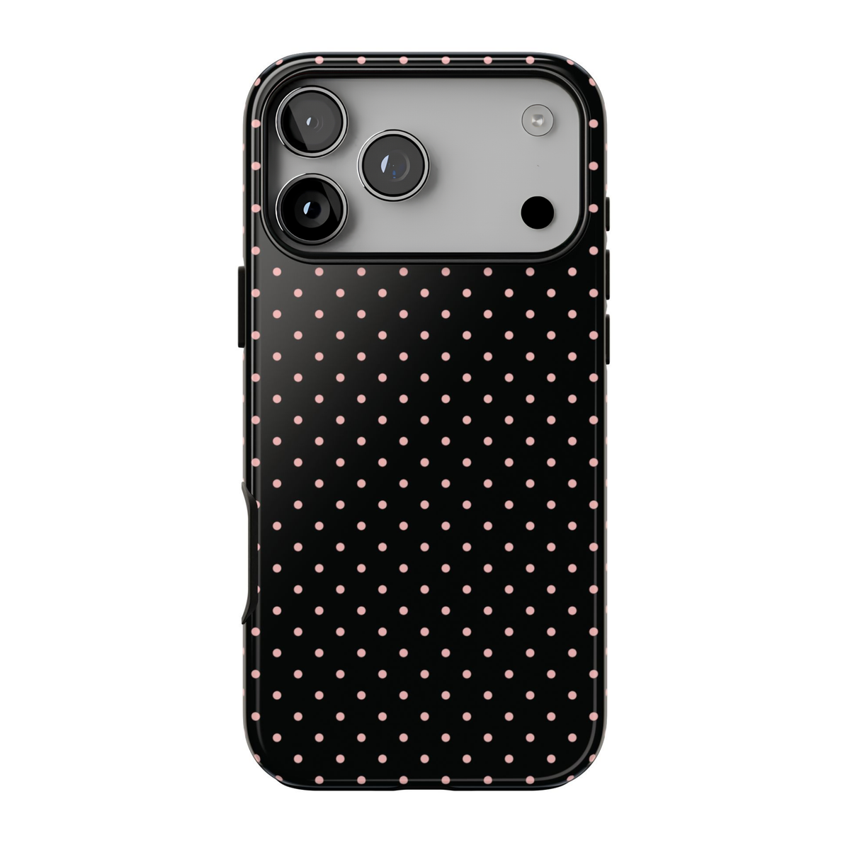 Polka Flirt iPhone case featuring soft blush pink polka dots on a solid black background with a cute, retro-inspired 90s preppy aesthetic.