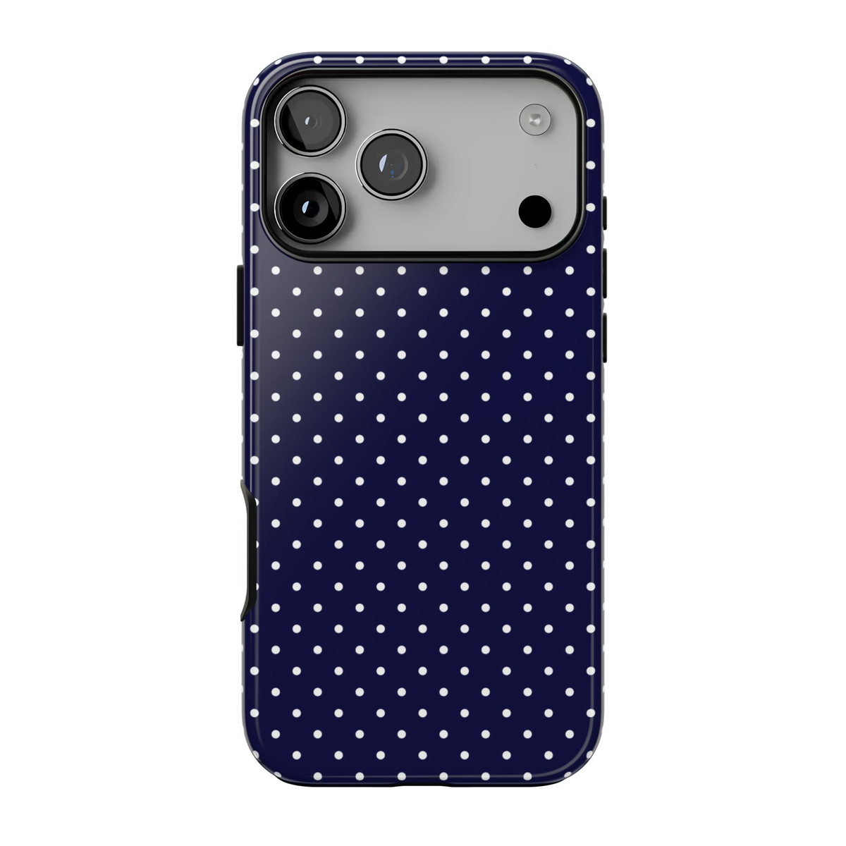 Ditsy Darling iPhone case featuring tiny ivory flowers, dusty blue leaves, and a delicate vintage-inspired ditsy floral pattern on a navy blue background.