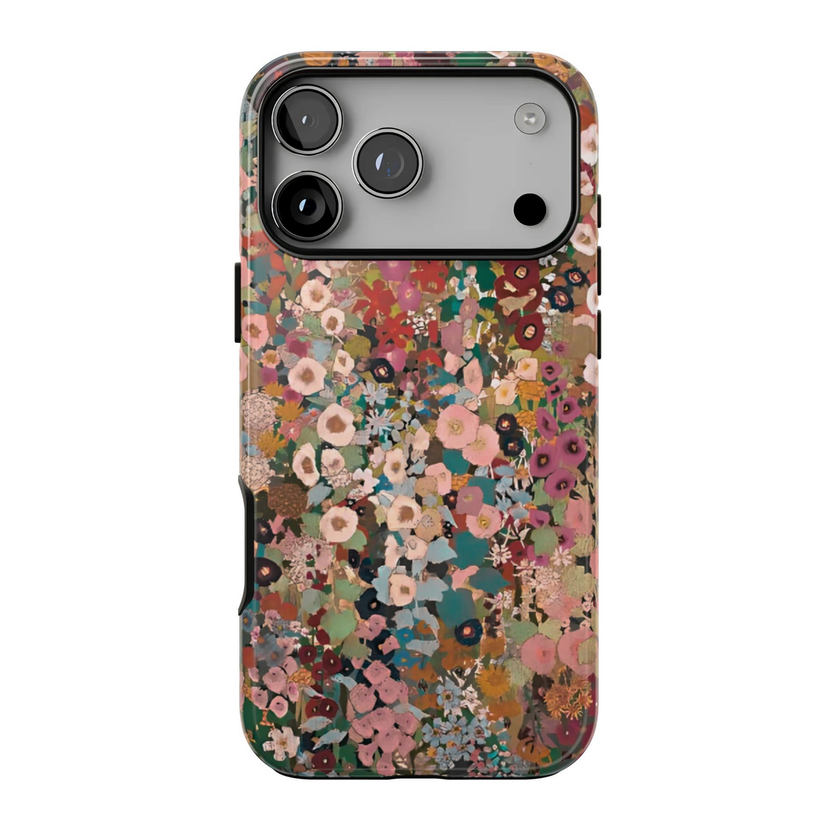 A protective iPhone 18 Pro Max case featuring a dense, multicolor wildflower pattern in shades of pink, red, green, and blue, shown on a plain white background.