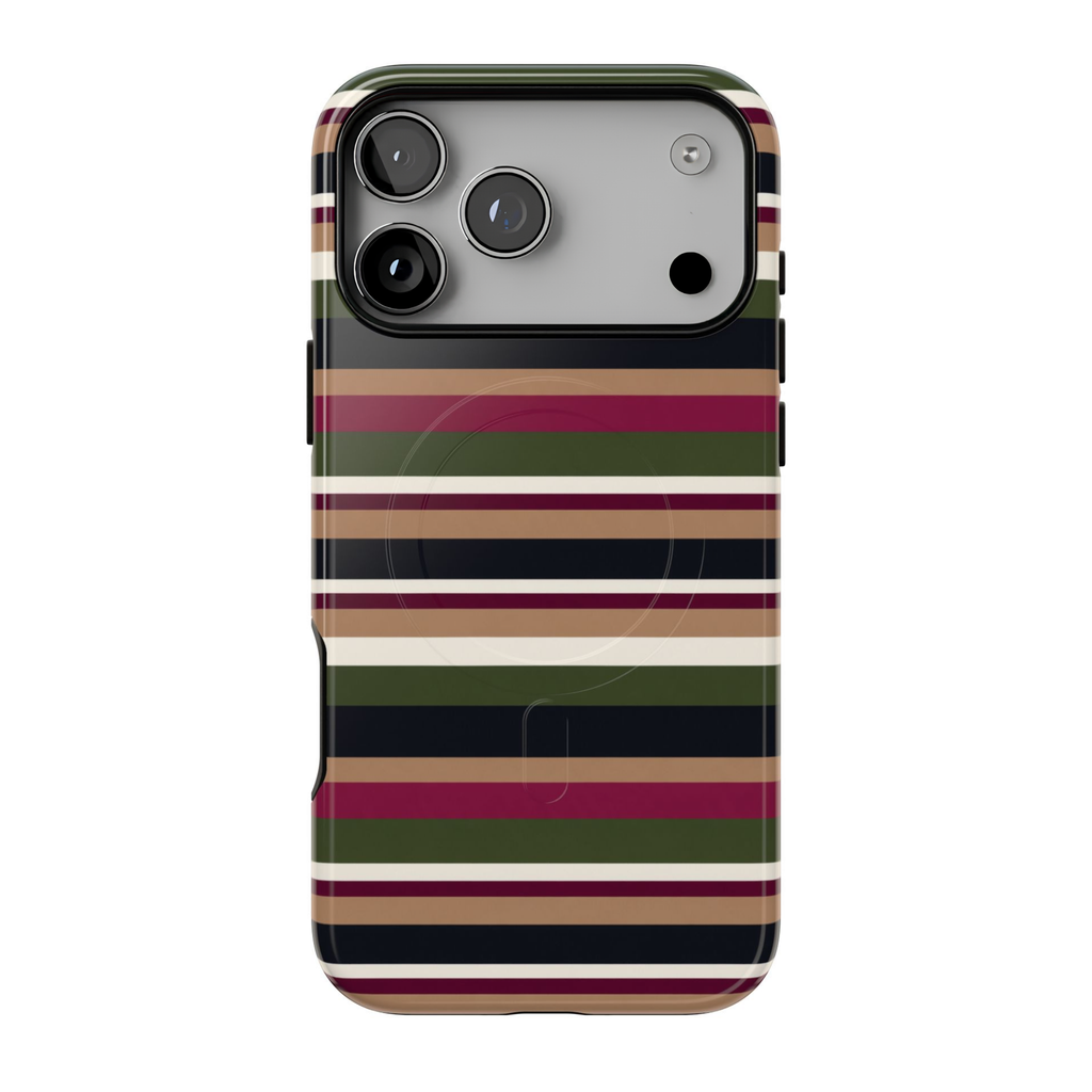 West End iPhone MagSafe case featuring retro horizontal stripes in burgundy, olive green, navy blue, and warm camel.