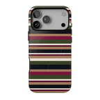 West End iPhone MagSafe case featuring retro horizontal stripes in burgundy, olive green, navy blue, and warm camel.