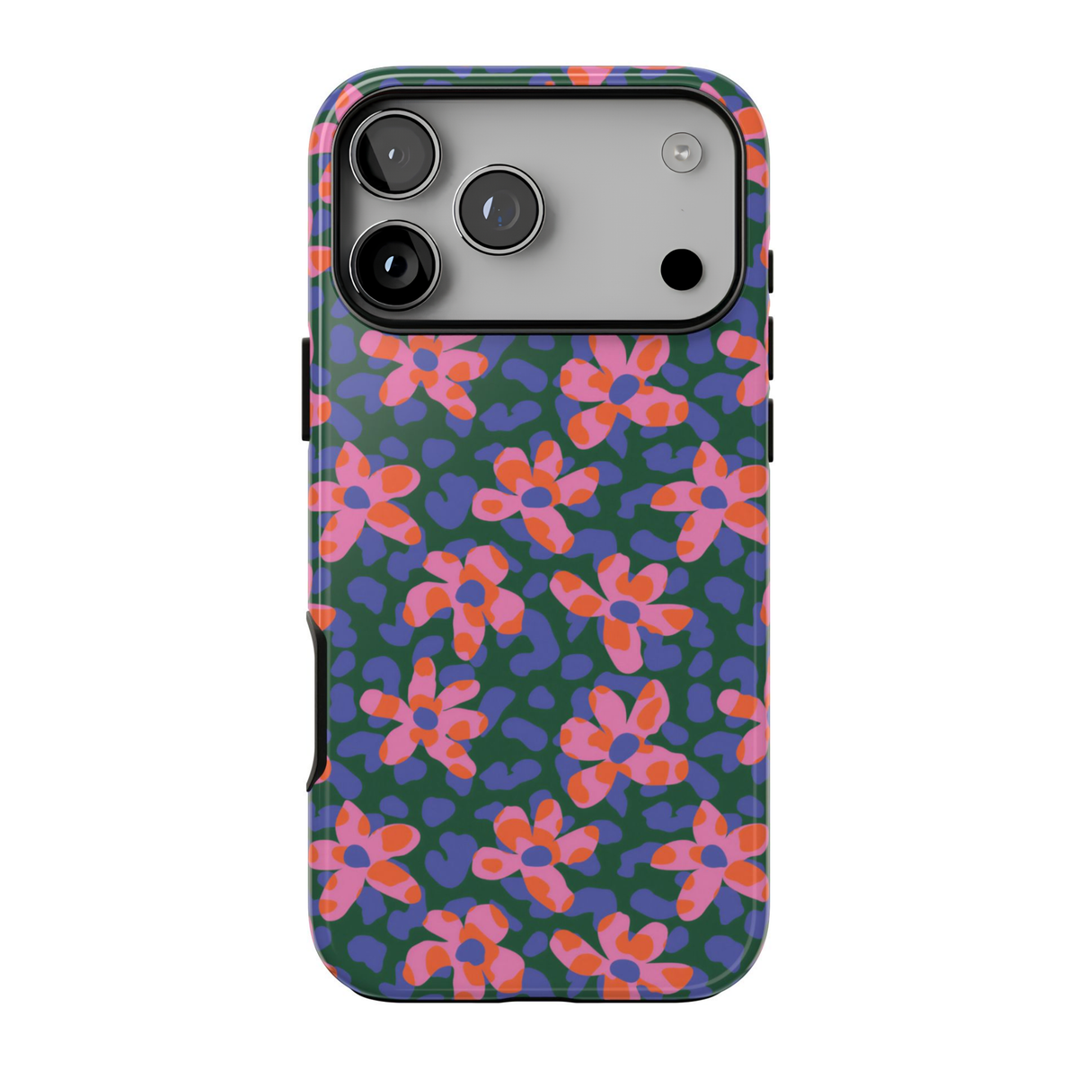 A protective iPhone case featuring a vibrant floral pattern with pink and orange flowers and purple spots on a dark teal background, shown on a plain white studio background.