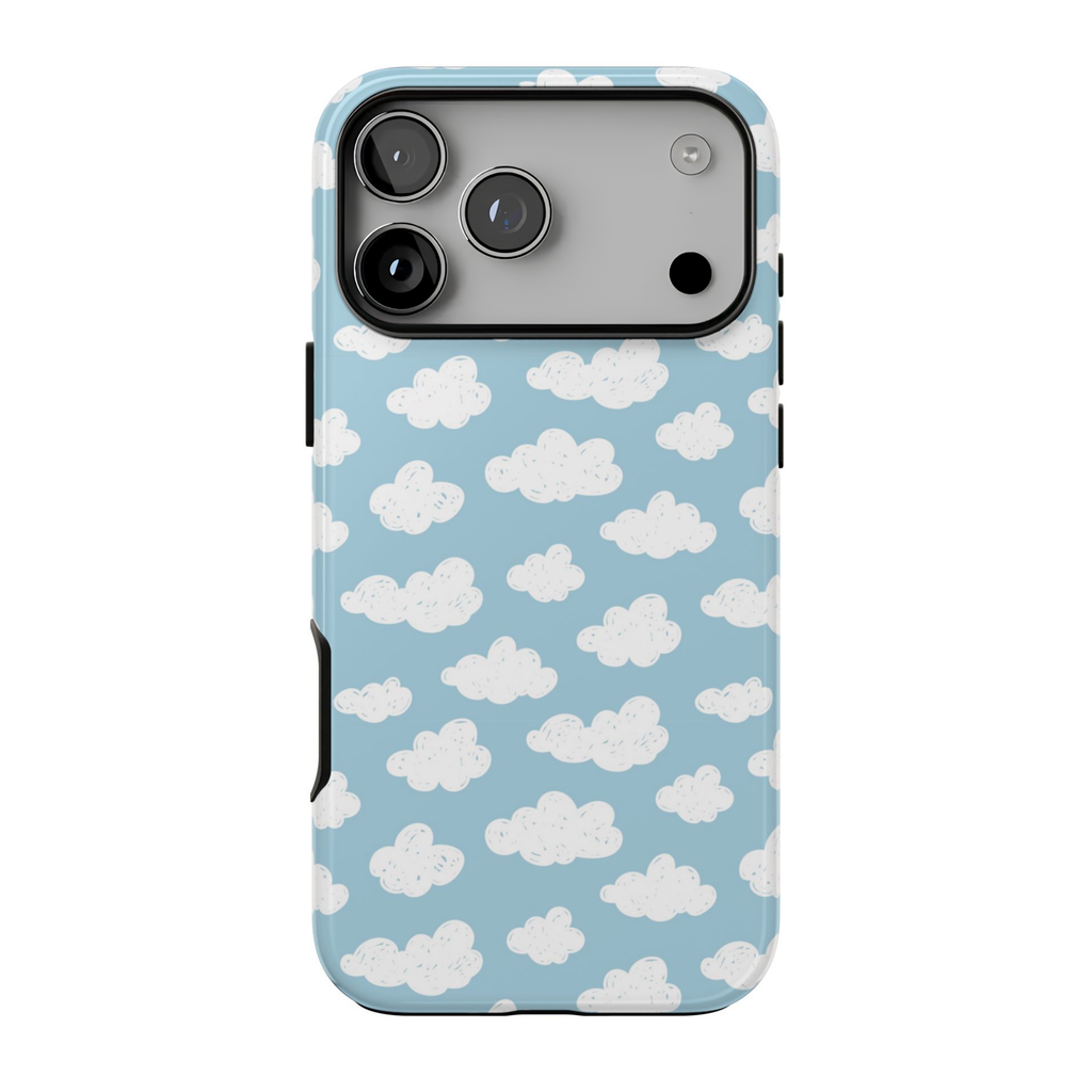 Cloud Nine iPhone case featuring playful white hand-drawn clouds scattered across a soft sky-blue background with a cute, dreamy Y2K aesthetic.