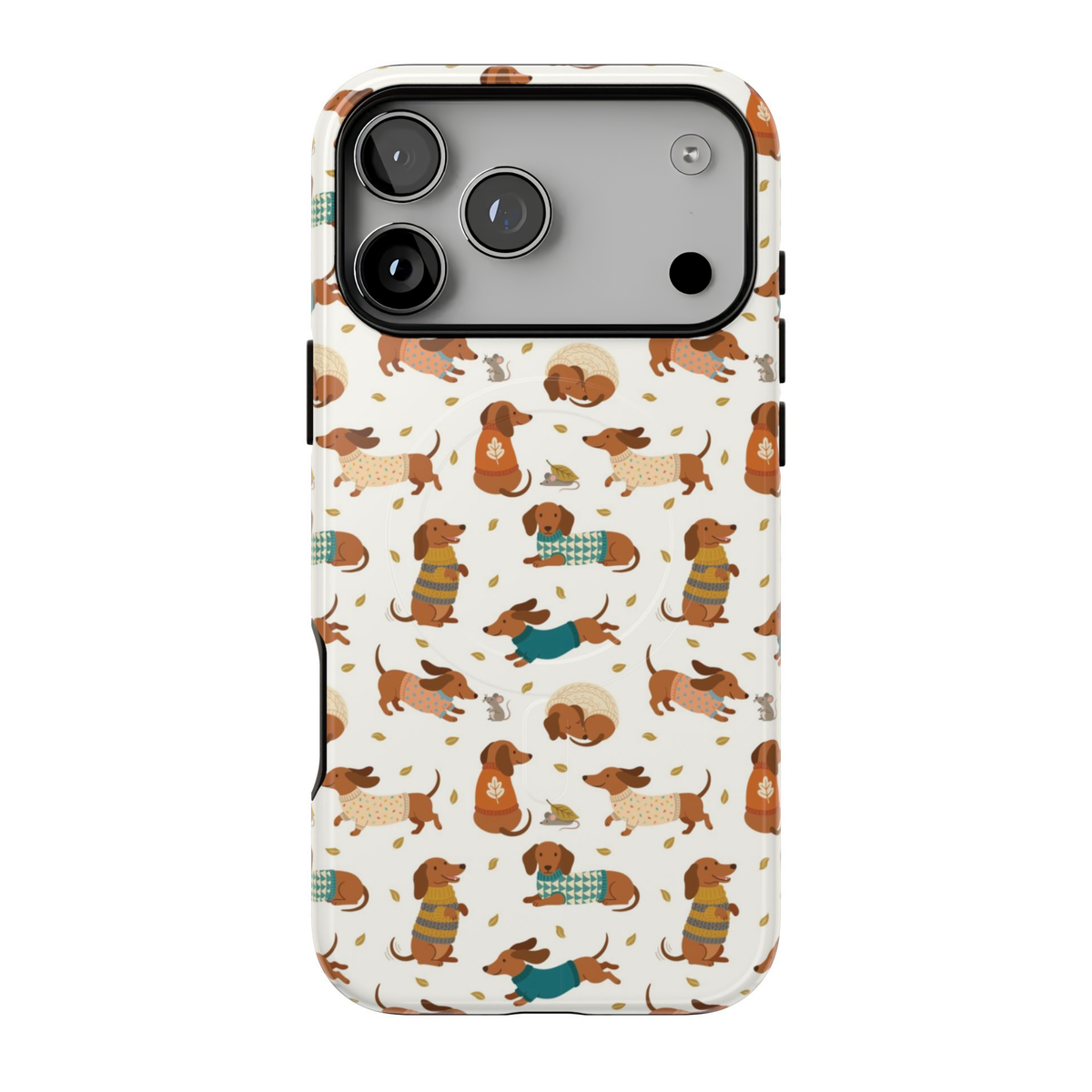 Sweater Weather MagSafe iPhone case featuring cute dachshunds wearing colorful teal, mustard, and rust knit sweaters with scattered autumn leaves on an ivory background.