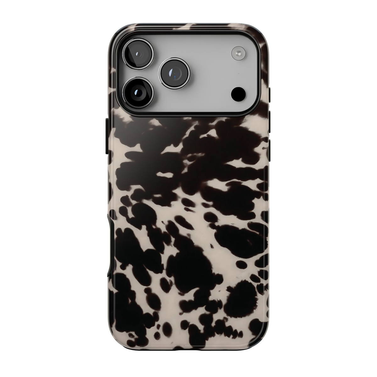 Spotted Cutie phone case featuring a bold black and cream cow print pattern with a trendy western-inspired aesthetic.