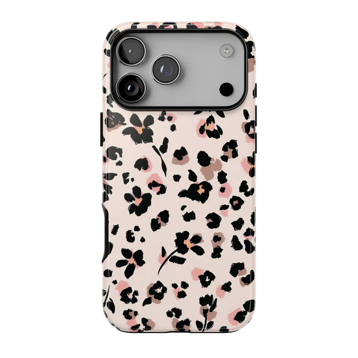 Wild Bloom iPhone case featuring abstract black brushstroke flowers with blush pink and taupe accents on a creamy ivory background.