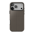 Boyfriend Flannel protective iPhone case featuring a small-scale black, beige, and taupe plaid check pattern inspired by classic flannel shirts.