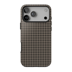 Boyfriend Flannel protective iPhone case featuring a small-scale black, beige, and taupe plaid check pattern inspired by classic flannel shirts.