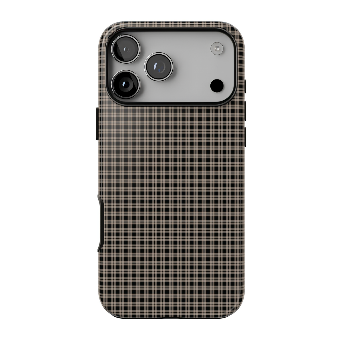 Boyfriend Flannel protective iPhone case featuring a small-scale black, beige, and taupe plaid check pattern inspired by classic flannel shirts.