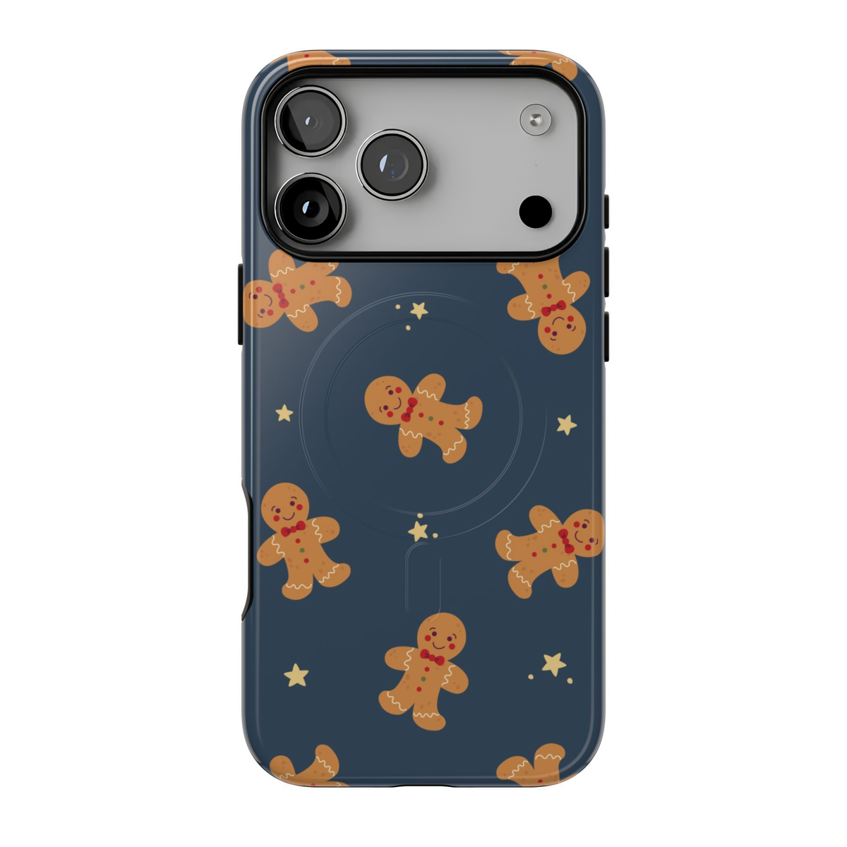 Gingerbread Dreams MagSafe iPhone case featuring smiling gingerbread cookies and scattered golden stars on a deep navy blue background with a whimsical Christmas pattern.