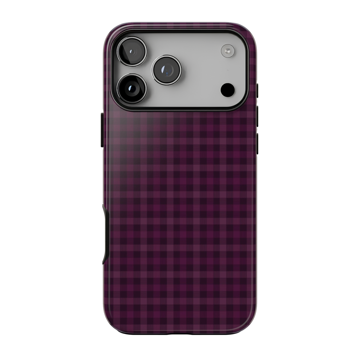 Plum purple iPhone 18 Pro Max case featuring a rich berry-toned plaid checkered pattern with a chic preppy aesthetic.