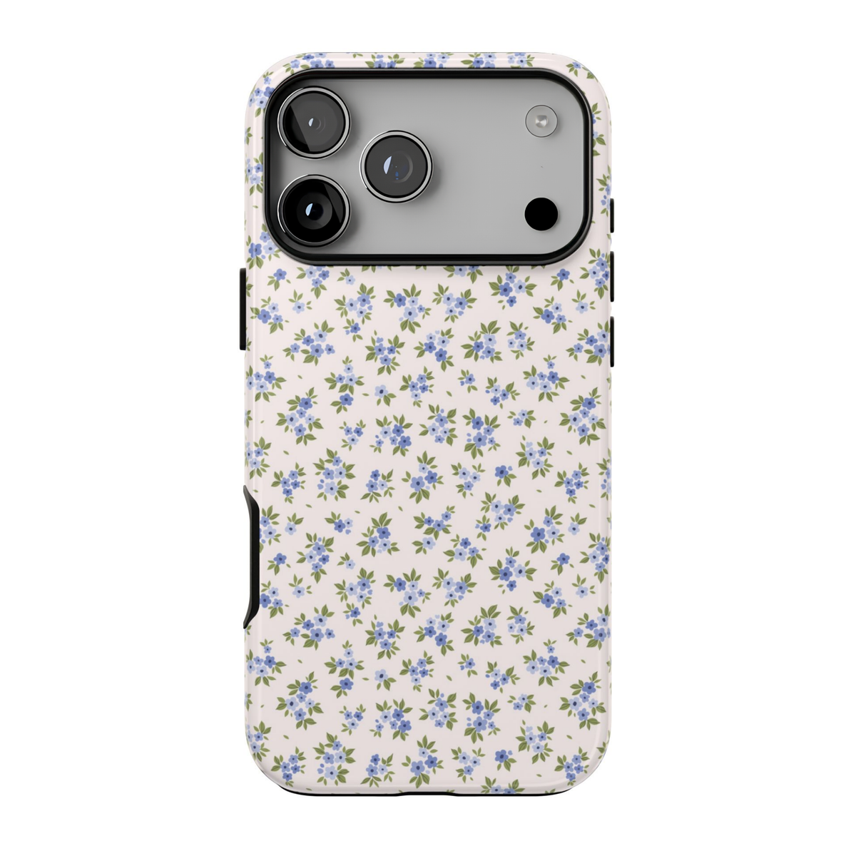Love Notes iPhone case featuring tiny periwinkle blue flowers, delicate sage-green leaves, and a vintage-inspired ditsy floral pattern on an ivory background.