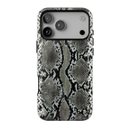 Cold Blooded MagSafe case featuring a bold black, charcoal grey, and ivory faux snakeskin print with an edgy, realistic reptile-inspired pattern.