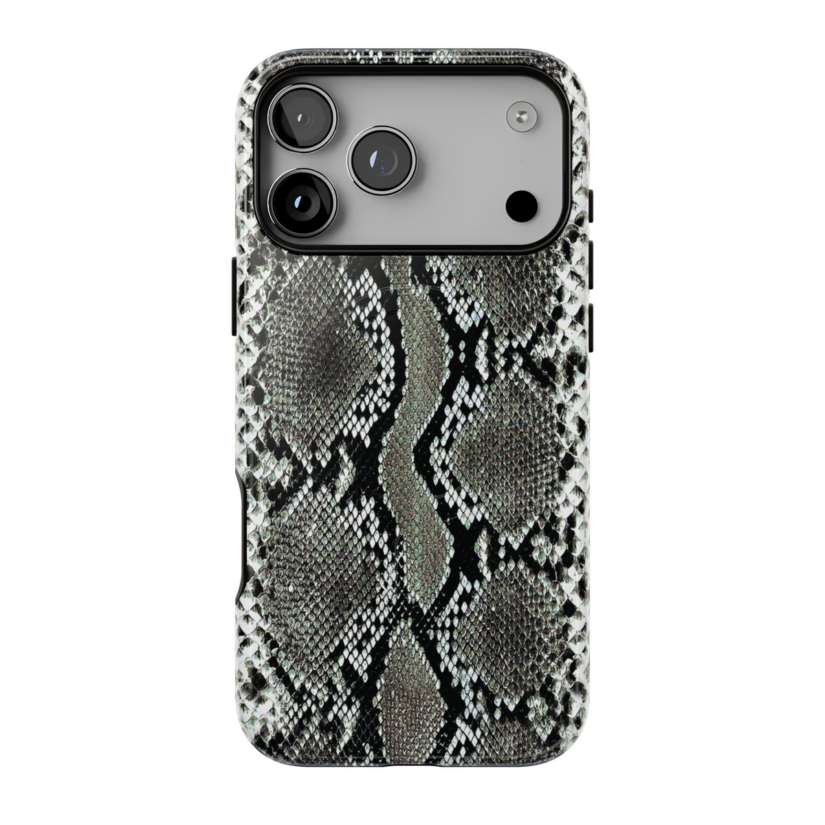 Cold Blooded MagSafe case featuring a bold black, charcoal grey, and ivory faux snakeskin print with an edgy, realistic reptile-inspired pattern.